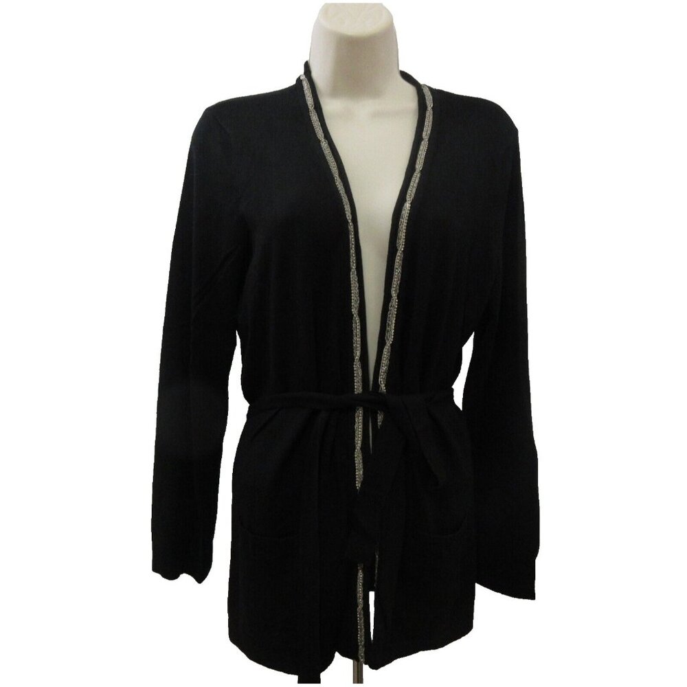 Jones New York Cardigan Sweater Womens Medium Black Silver Chain Open Front Belt